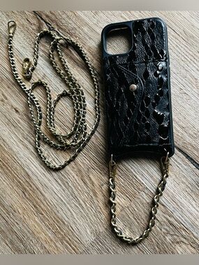 black crocodile I phone 13 case pristine  2 goldtone leather chains short/long